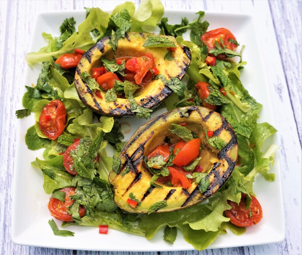 salad of griddled avocado with roasted tomatoes, chilli, mint and coriander salad