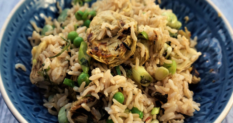 Rice with peas, broad beans, griddled artichoke hearts & mint