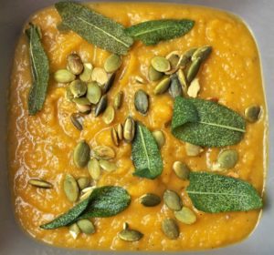 roaasted butternut squash soup with toasted pumpkin seeds and fried sage