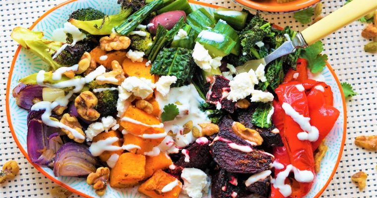 Roasted Vegetables with Feta Dressing, Walnuts, Pumpkin Seeds & Crispy Kale
