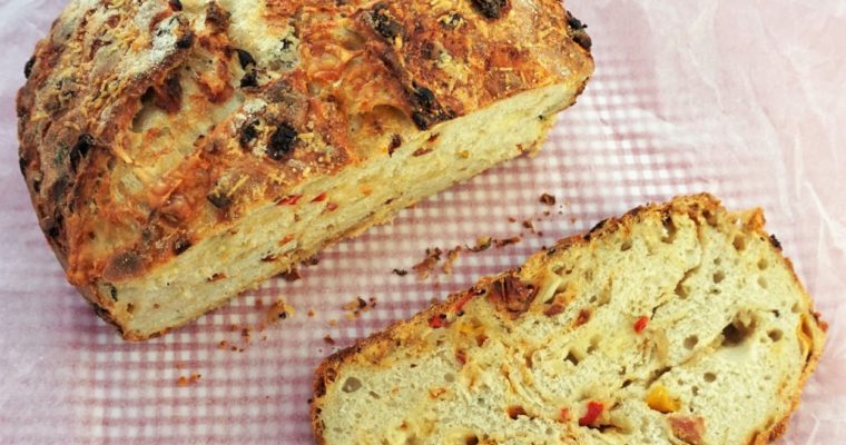 Picnic Bread with roasted vegetables, sun-dried tomatoes, salami & cheese