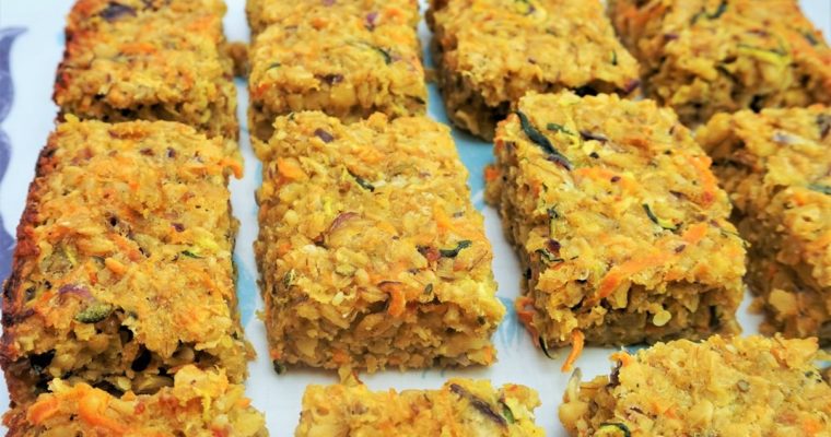 Savoury flapjacks with vegetables, nuts, seeds & cheese