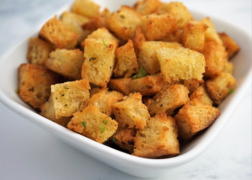 a bowl of croutons