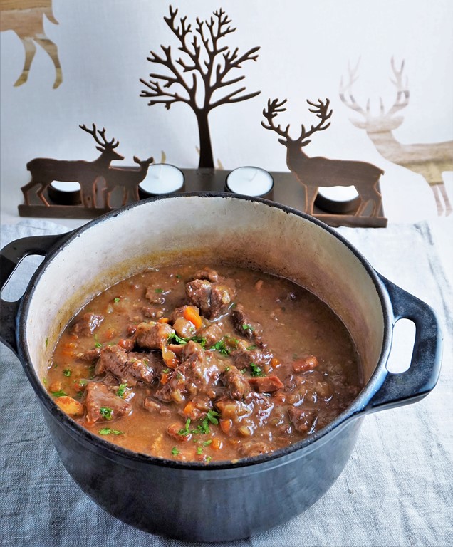 a casserole dish of venison stew