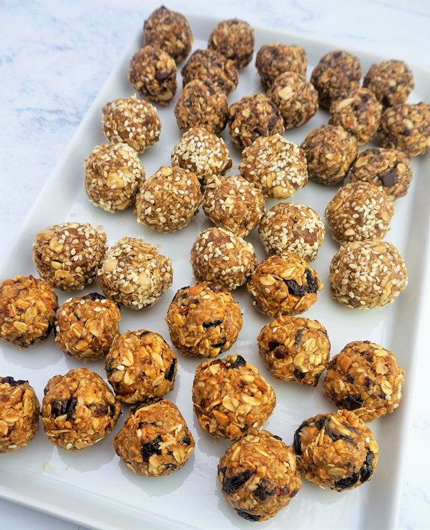 a tray of oat bites in three flavours