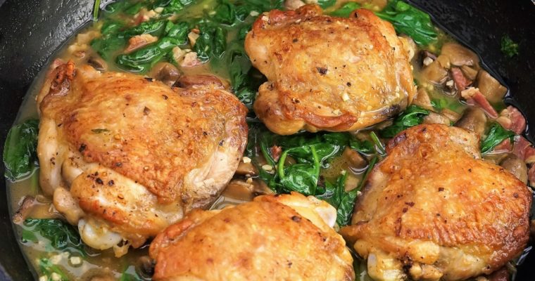 Chicken with Mushrooms, Bacon, Garlic & Spinach