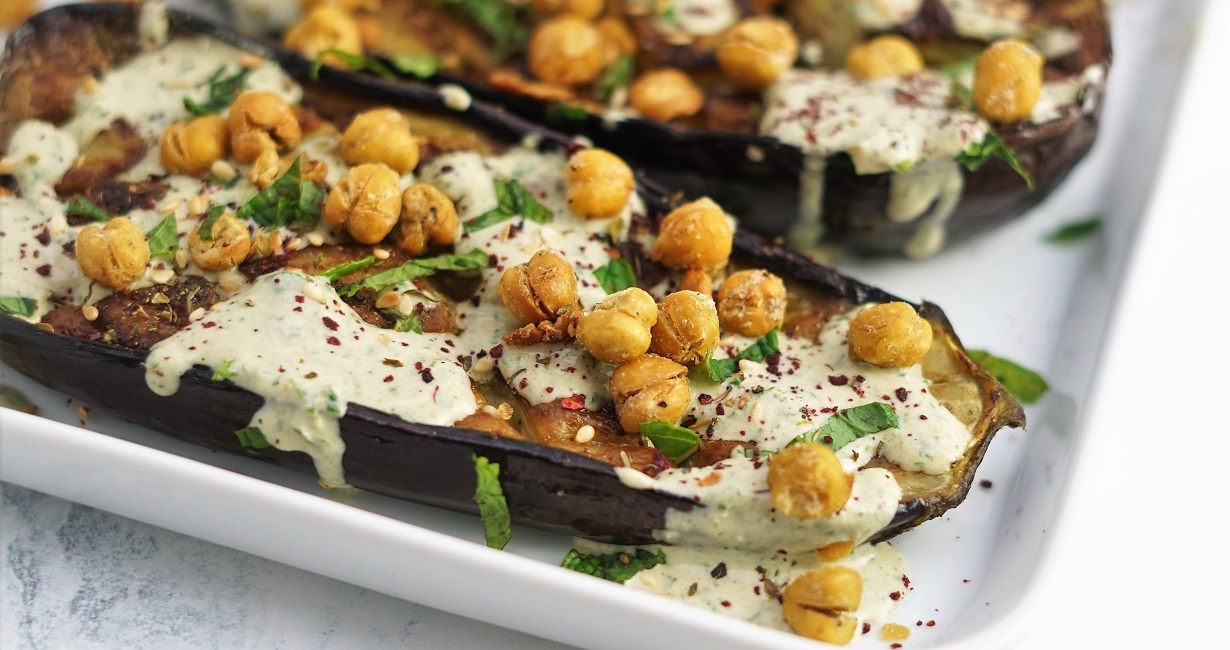 Roasted Aubergine with Herbed Tahini Yogurt & Crispy Chickpeas ...