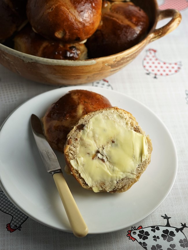 brioche hot cross buns with butter