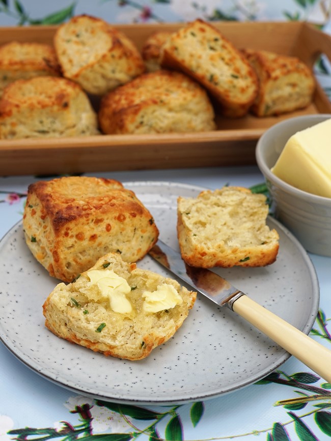 cheddar & cream cheese scones with butter