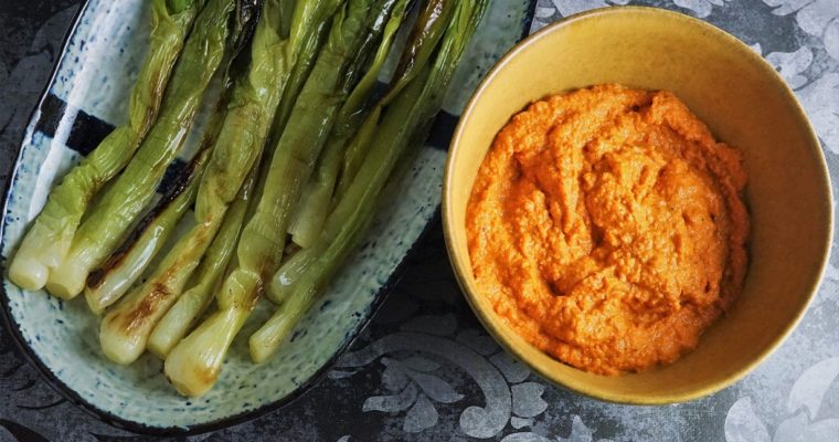 Grilled Spring Onions with Romesco Sauce