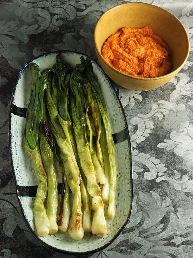 Grilled Spring Onions with Romesco Sauce