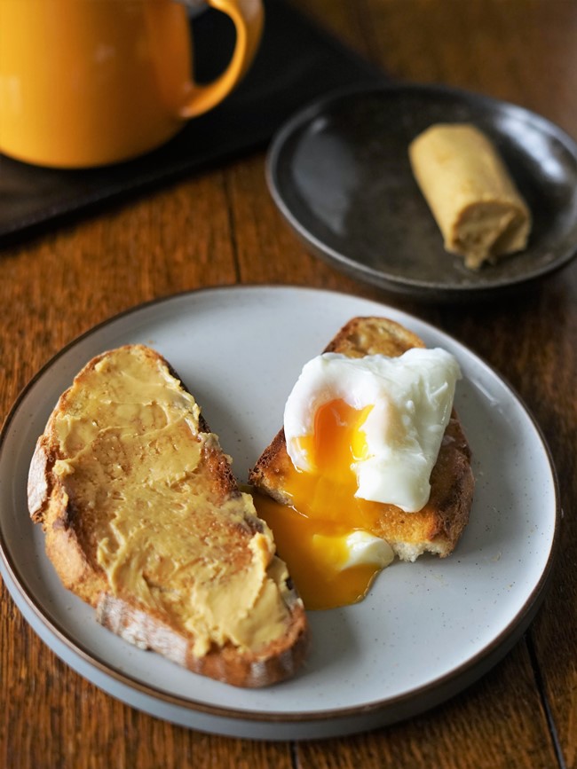 miso butter on toast with poached egg
