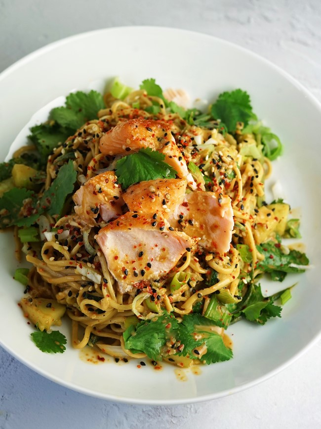 Cucumber & Sesame Noodle Salad with salmon