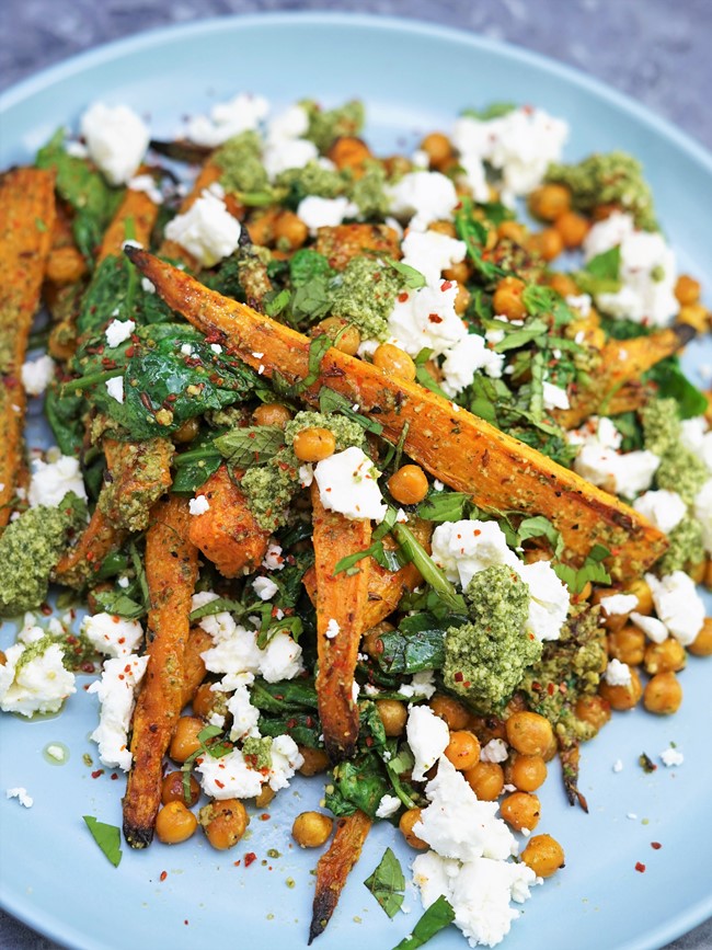 Roasted Carrot and Chickpea Salad with Mint Pesto and feta