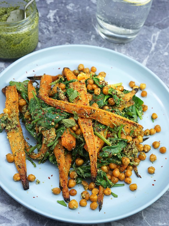 Roasted Carrot and Chickpea Salad with Mint Pesto