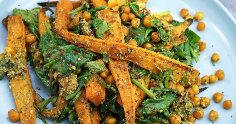 Roasted Carrot and Chickpea Salad with Mint Pesto