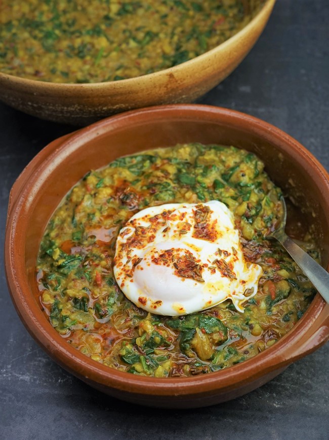 Spinach Dal with poached egg