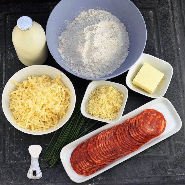 ingredients for Cheese, Chorizo & Chive Scones