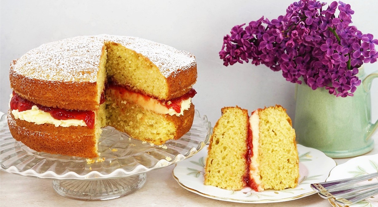 Victoria Sponge Cake with Strawberry Rhubarb Jam - Simple Bites