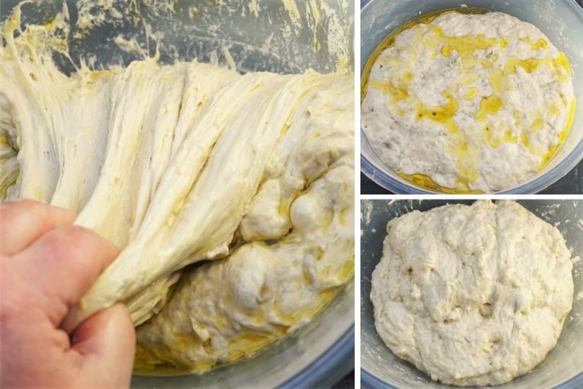 stretching potato focaccia dough