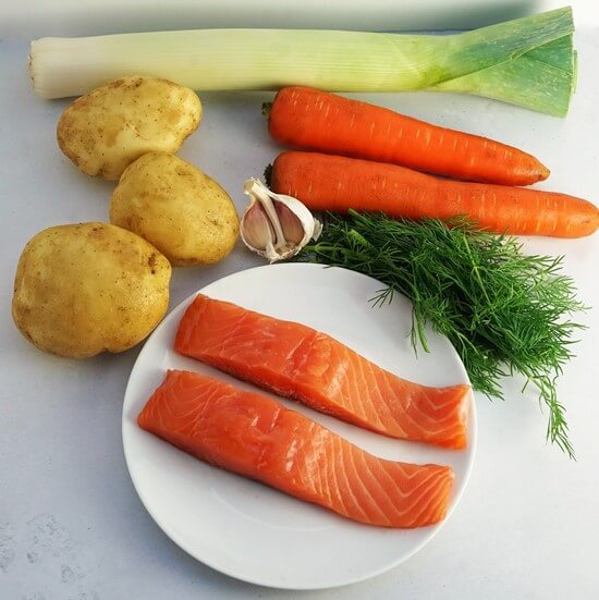 ingredients for salmon and vegetable soup