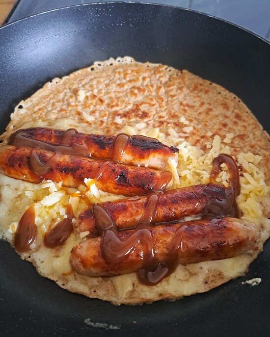 Staffordshire Oatcakes with sausage cheese brown sauce