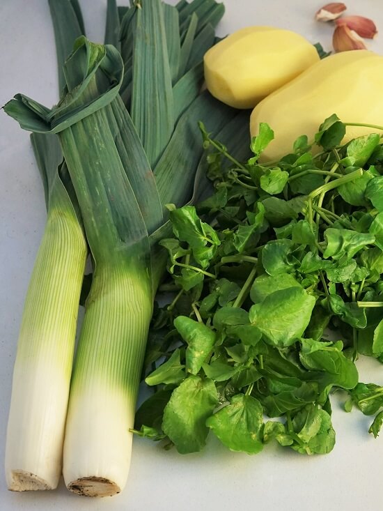 Vegetable ingredients for Leek, Potato & Watercress Soup