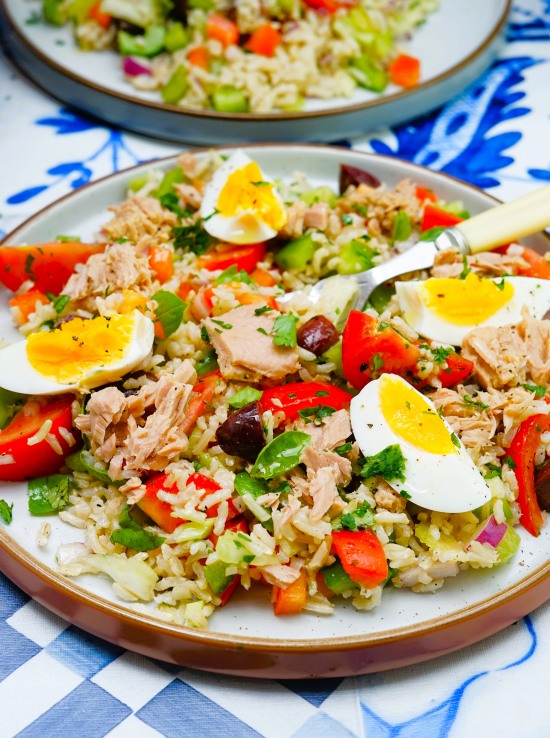 main course rice and vegetable salad with tuna and egg