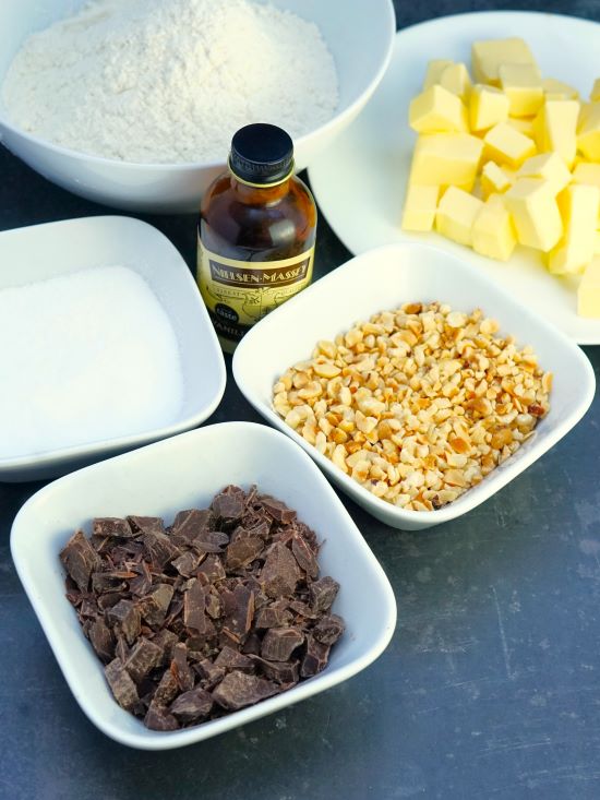 ingredients for Chocolate Hazelnut Shortbread Biscuits
