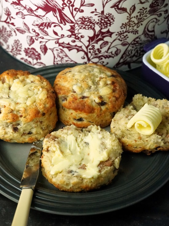 Sausage, Sage & Onion Cheese Scones with butter