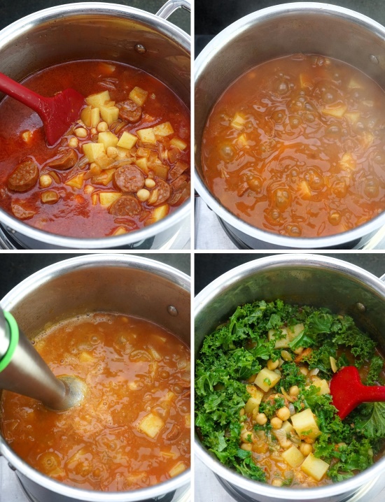 stages of making Chickpea, Chorizo & Kale Soup