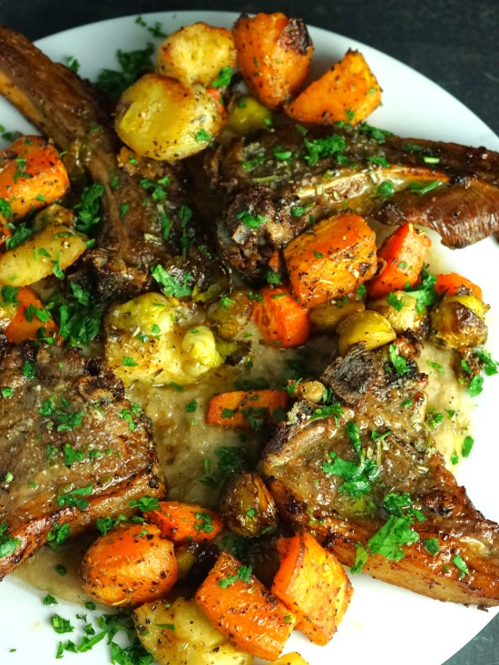 White Bean Puree with Rosemary & Garlic served with lamb chops and roasted vegetables
