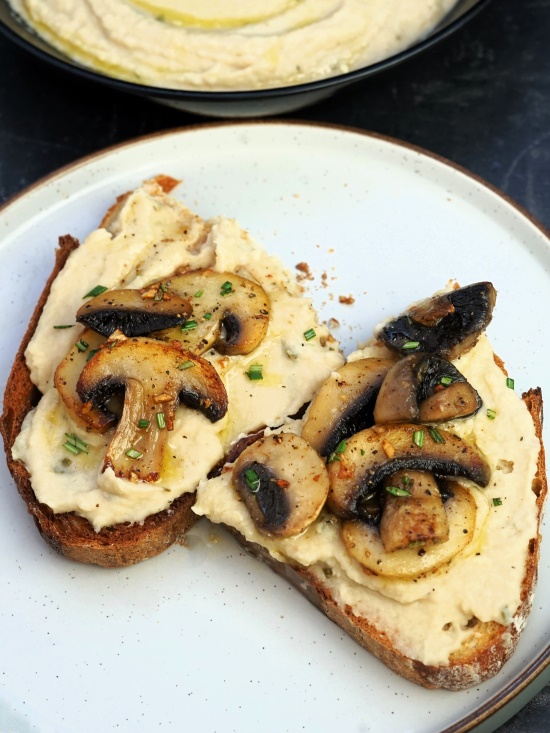 White Bean Puree with Rosemary & Garlic on toast with mushrooms
