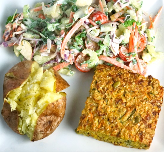 Savoury Oat Bake with salad and baked potato