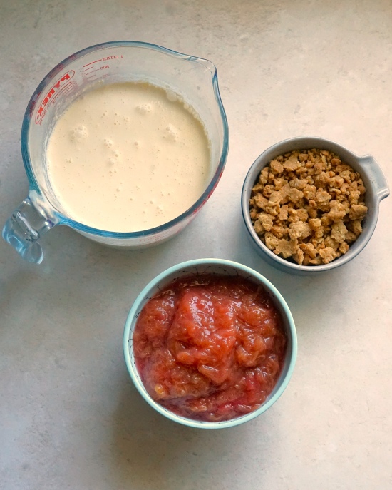 the three elements of homemade Rhubarb Crumble Ice Cream