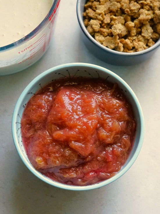 cooked rhubarb and crumble for homemade Rhubarb Crumble Ice Cream