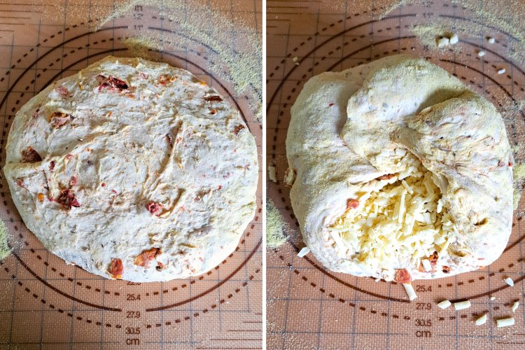 adding cheese to the dough for Cheese and Sun-Dried Tomato Bread