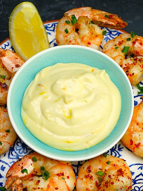 Cheat's Saffron Aioli with king prawns