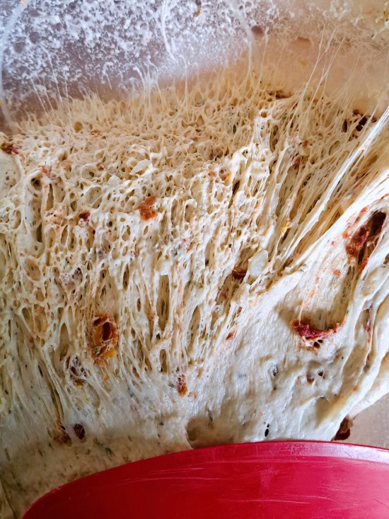 gluten strands in the dough for Cheese and Sun-Dried Tomato Bread