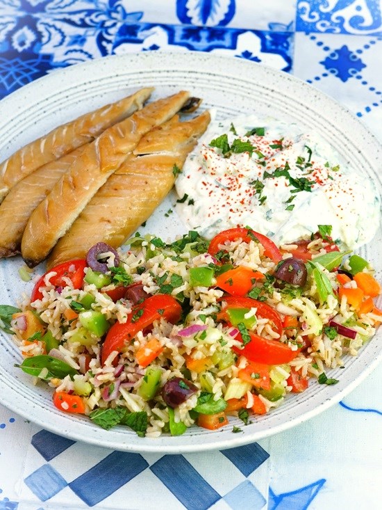 Rice and Vegetable Salad with smoked mackerel and cucumber mint yogurt