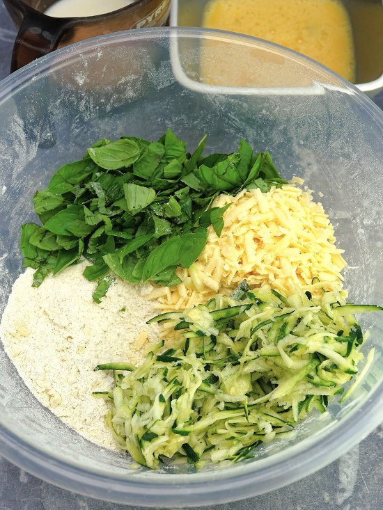 prepared ingredients for Courgette, Cheese & Basil Quick Bread