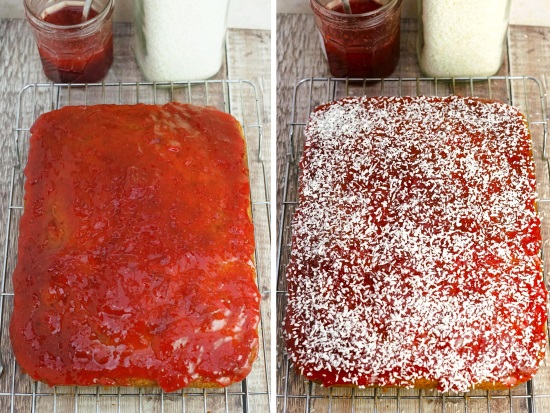 adding topping to Jam & Coconut Traybake