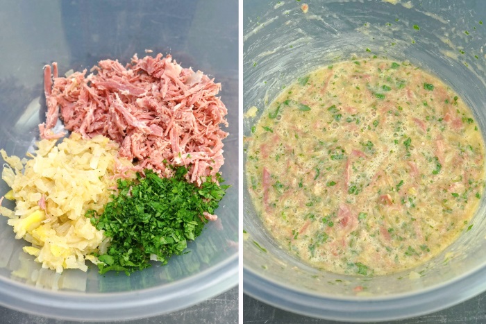 making the filling for Egg and Ham Pies