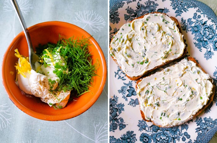 making Smoked Salmon Smørrebrød or Scandinavian-style open sandwich