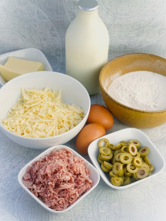 ingredients for Ham, Olive & Cheese Quick Bread