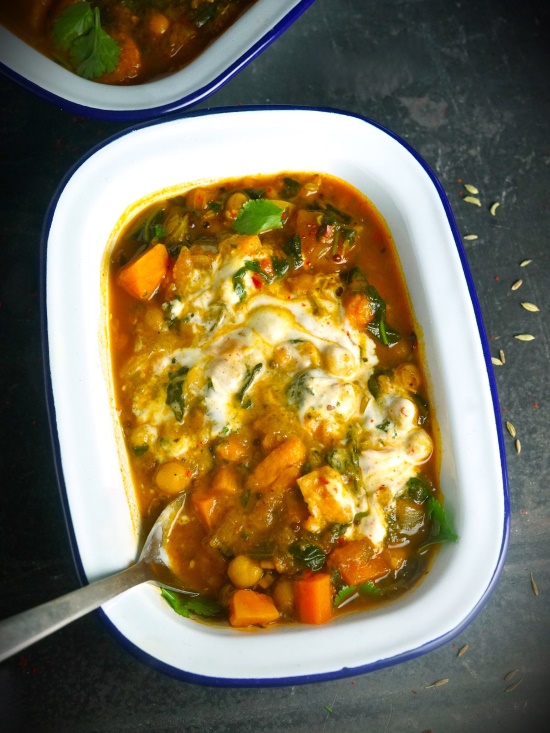 Spicy Sweet Potato and Chickpea Stew with yogurt