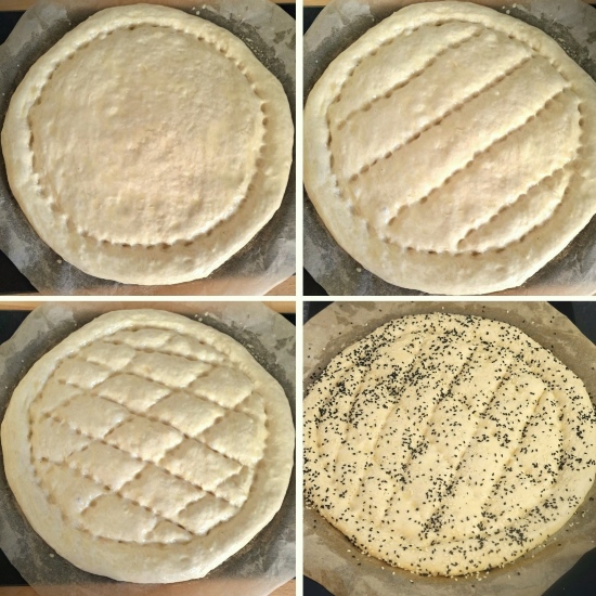 adding a decorative pattern to Ramazan Pidesi Turkish pide flatbread dough