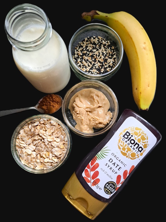 ingredients for Banana porridge with tahini and date syrup