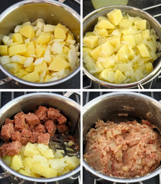 making the filling for Corned Beef Rissoles