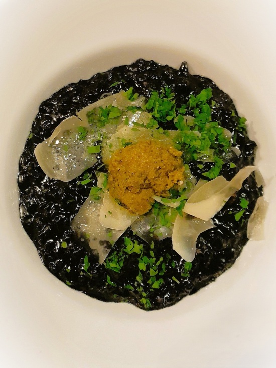 seafood and squid ink risotto at GoFish Seafood, Bar & Grill